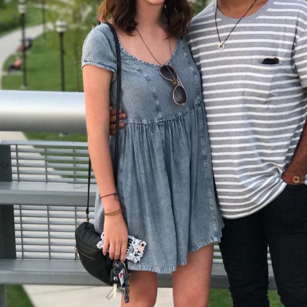 Ecote Urban Outfitters Flowy Cotton Denim Print Flowy Babydoll Dress